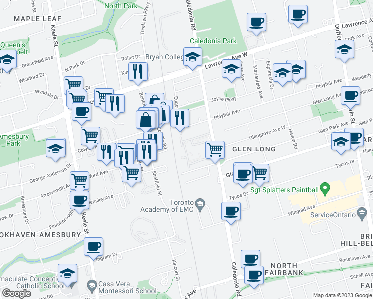 map of restaurants, bars, coffee shops, grocery stores, and more near 100 Lotherton Pathway in Toronto
