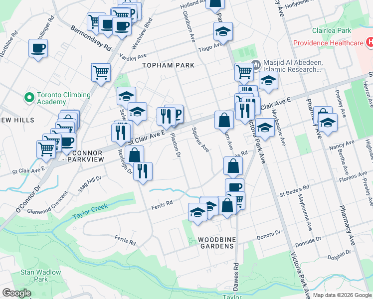 map of restaurants, bars, coffee shops, grocery stores, and more near in Toronto