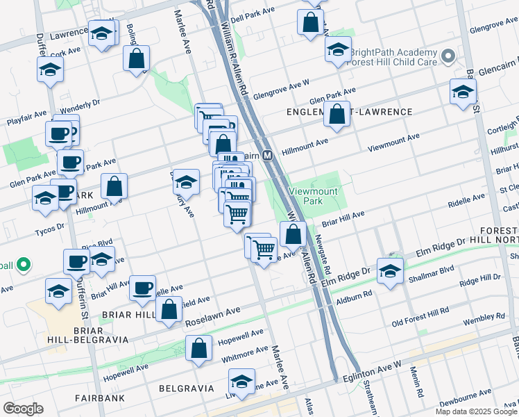 map of restaurants, bars, coffee shops, grocery stores, and more near 15 Romar Crescent in Toronto