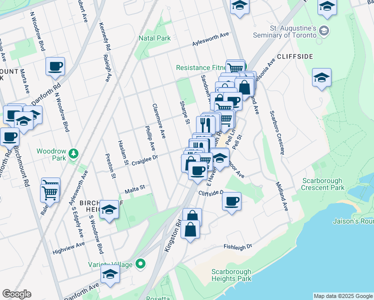 map of restaurants, bars, coffee shops, grocery stores, and more near 97B Craiglee Drive in Toronto