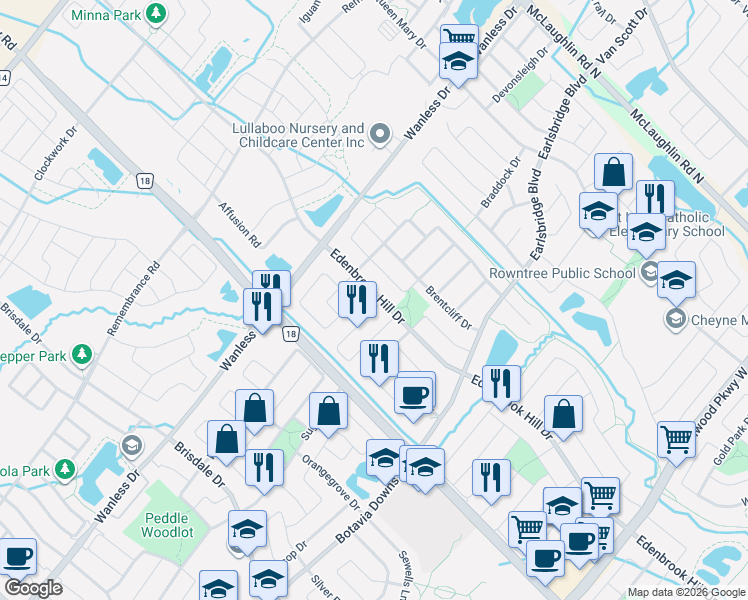 map of restaurants, bars, coffee shops, grocery stores, and more near in Brampton