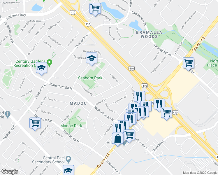 map of restaurants, bars, coffee shops, grocery stores, and more near 34 Seaborn Road in Brampton