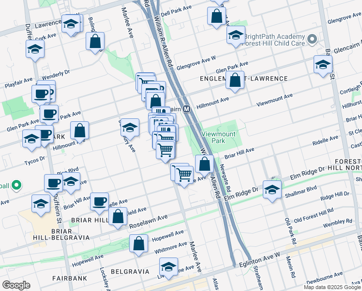 map of restaurants, bars, coffee shops, grocery stores, and more near 15 Romar Crescent in Toronto