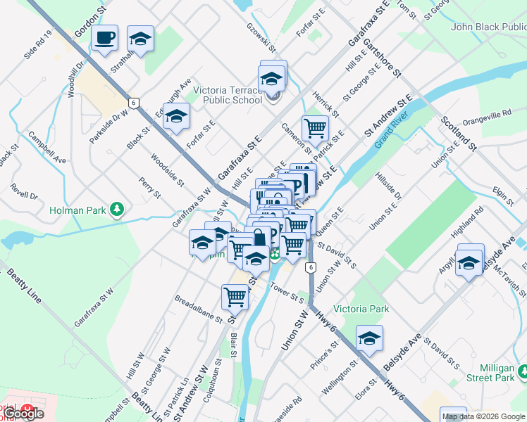map of restaurants, bars, coffee shops, grocery stores, and more near 200 Saint David Street North in Fergus