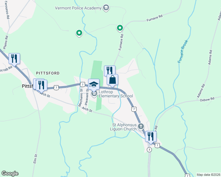 map of restaurants, bars, coffee shops, grocery stores, and more near 3447 U.S. 7 in Pittsford
