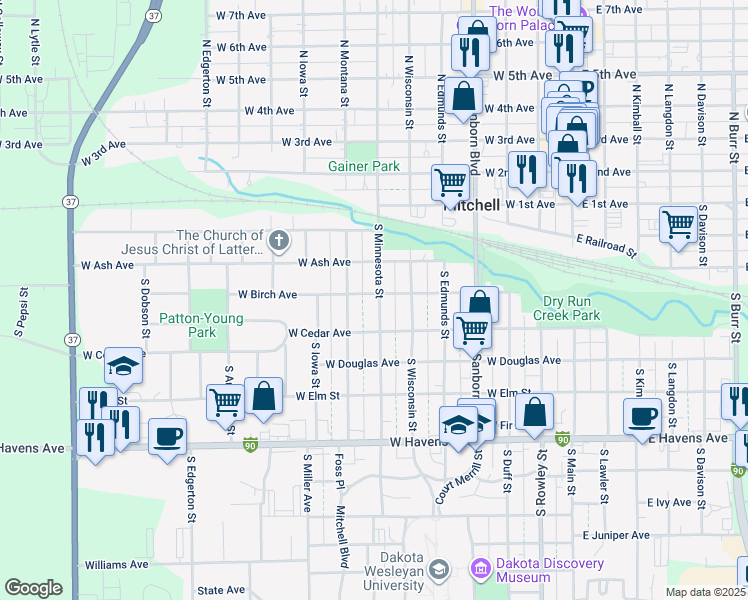 map of restaurants, bars, coffee shops, grocery stores, and more near 317 South Minnesota Street in Mitchell