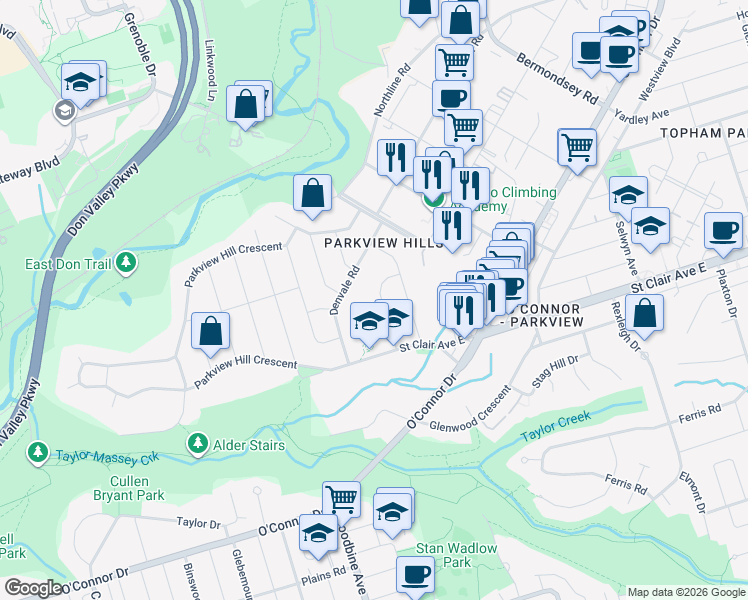 map of restaurants, bars, coffee shops, grocery stores, and more near 32 Marilyn Crescent in Toronto
