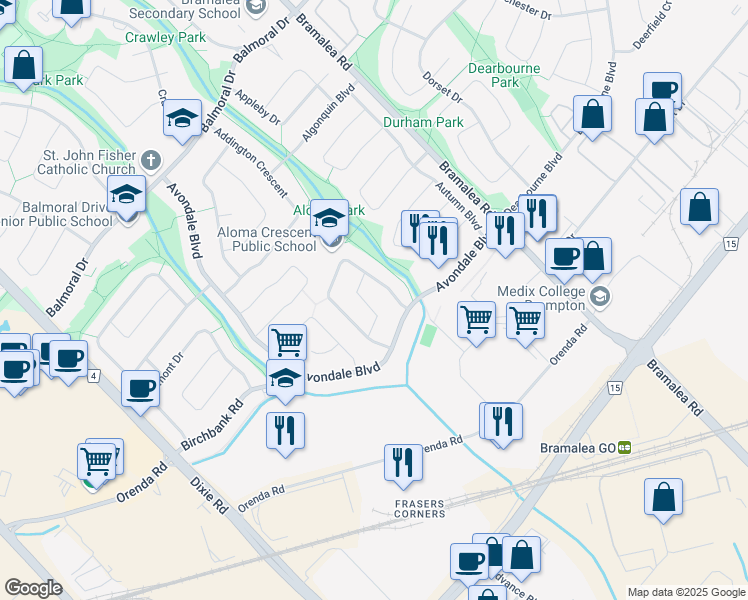 map of restaurants, bars, coffee shops, grocery stores, and more near 21 Albion Crescent in Brampton