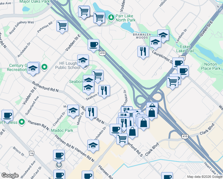 map of restaurants, bars, coffee shops, grocery stores, and more near 17 Seaborn Road in Brampton