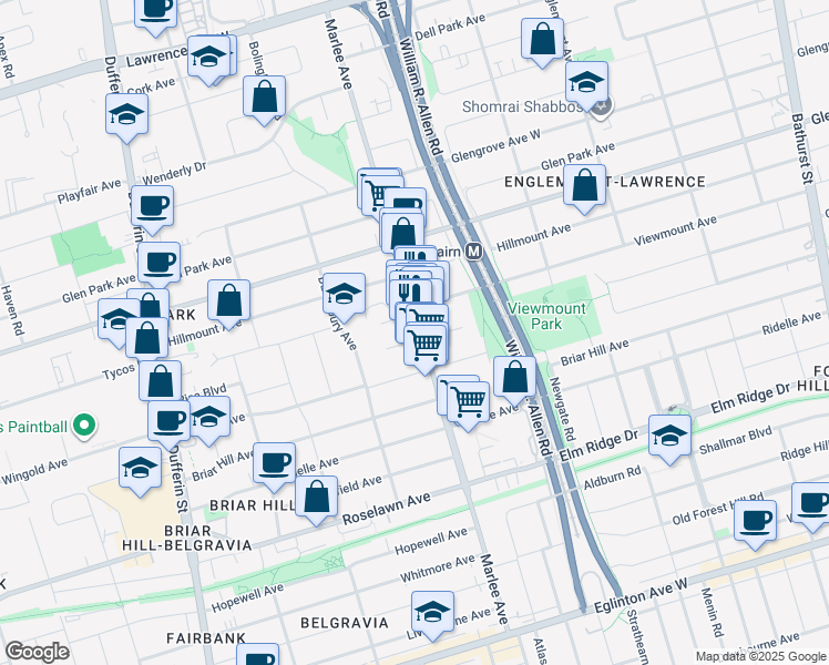 map of restaurants, bars, coffee shops, grocery stores, and more near 332 Marlee Avenue in Toronto