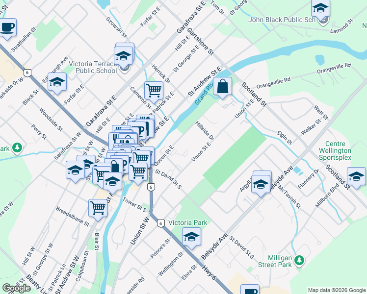 map of restaurants, bars, coffee shops, grocery stores, and more near 250 Queen Street East in Fergus