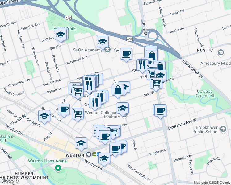 map of restaurants, bars, coffee shops, grocery stores, and more near in Toronto