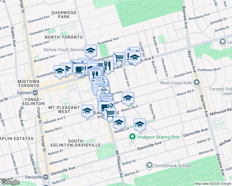 map of restaurants, bars, coffee shops, grocery stores, and more near Soudan Avenue in Toronto