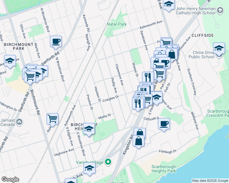 map of restaurants, bars, coffee shops, grocery stores, and more near 60 Phillip Avenue in Toronto