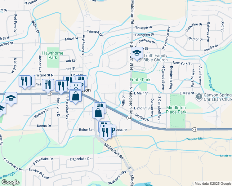 map of restaurants, bars, coffee shops, grocery stores, and more near 601 Cornell Street in Middleton