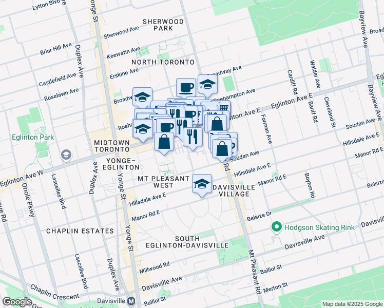 map of restaurants, bars, coffee shops, grocery stores, and more near 191 Eglinton Avenue East in Toronto