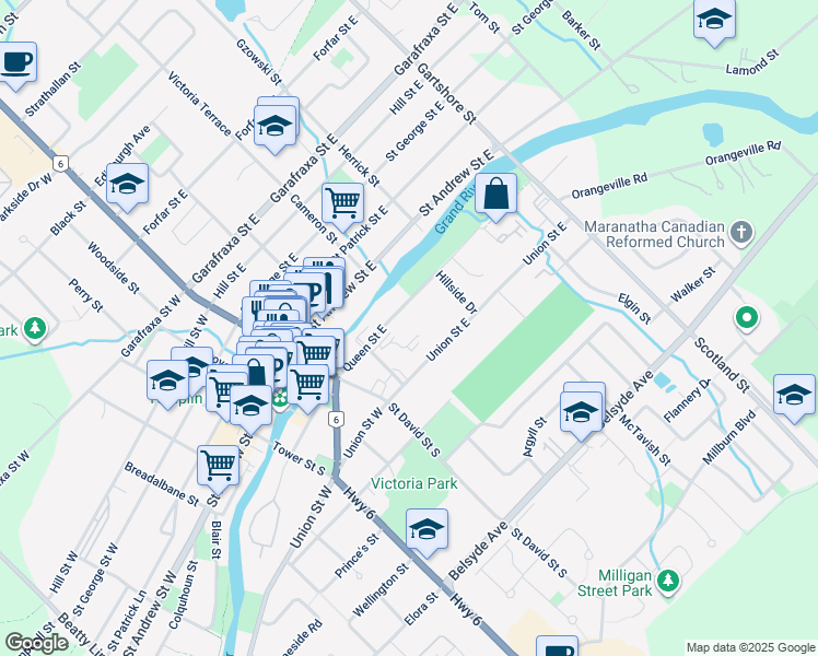 map of restaurants, bars, coffee shops, grocery stores, and more near 250 Queen St E, Fergus, ON N1M 2Y6 Queen Street East in Fergus