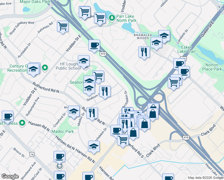 map of restaurants, bars, coffee shops, grocery stores, and more near 17 Seaborn Road in Brampton