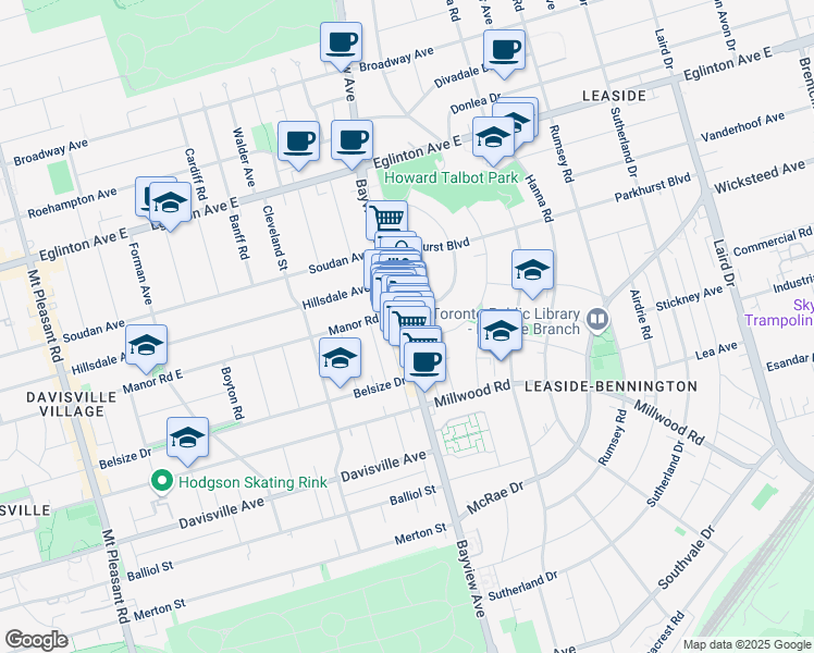map of restaurants, bars, coffee shops, grocery stores, and more near 1615 Bayview Avenue in Toronto