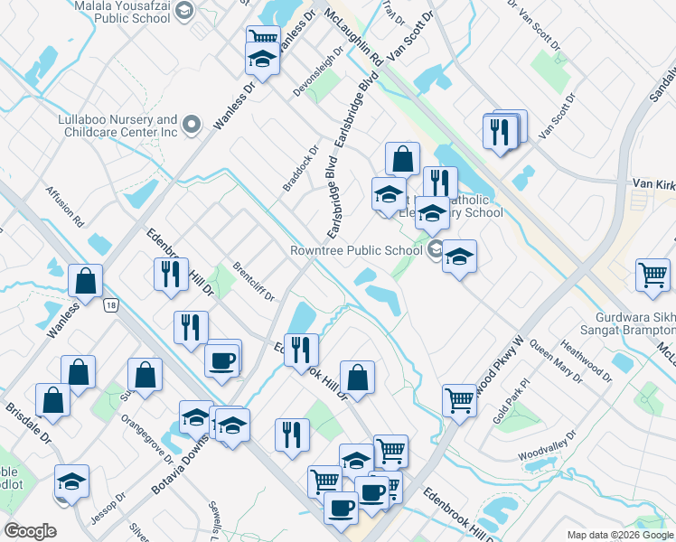 map of restaurants, bars, coffee shops, grocery stores, and more near 26 Cottontail Road in Brampton