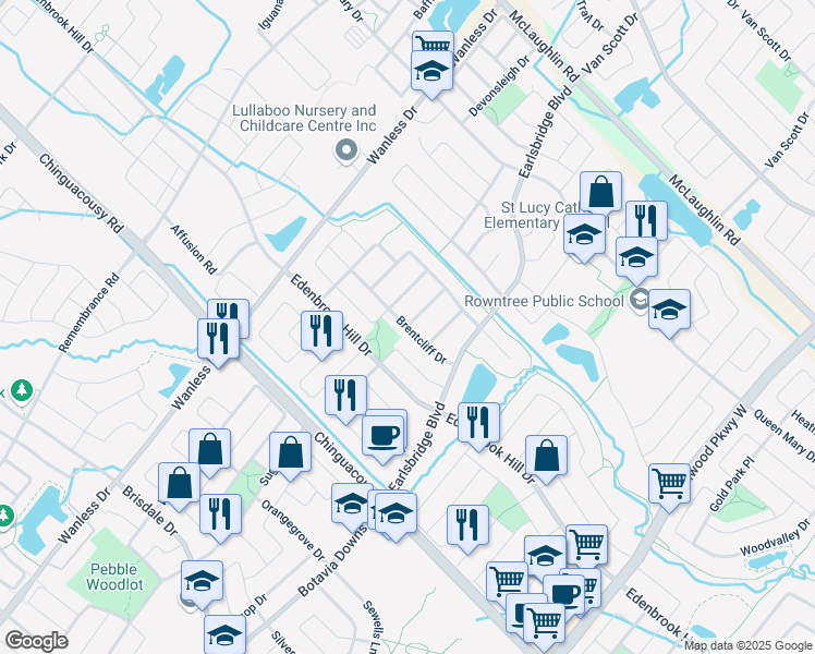 map of restaurants, bars, coffee shops, grocery stores, and more near Brentcliff Drive in Brampton