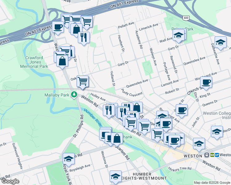 map of restaurants, bars, coffee shops, grocery stores, and more near 251 Queenslea Avenue in Toronto