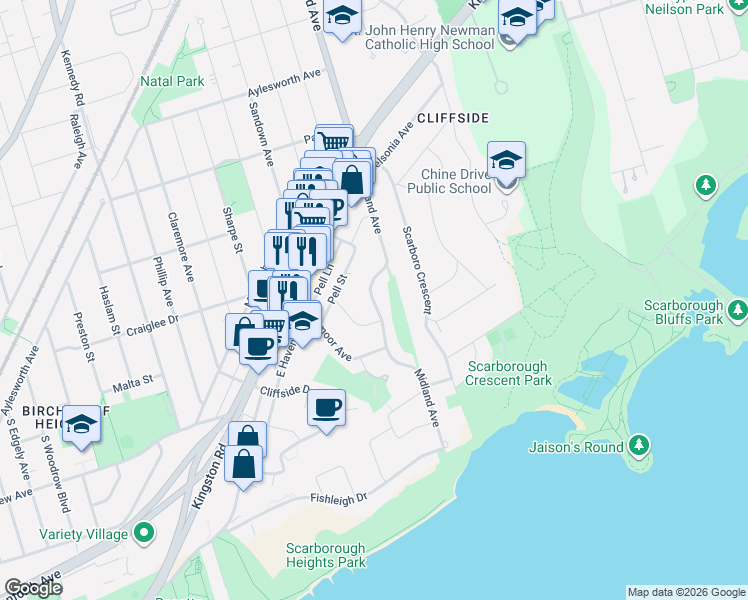 map of restaurants, bars, coffee shops, grocery stores, and more near 87 Midland Avenue in Toronto