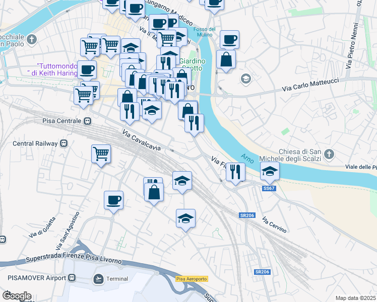 map of restaurants, bars, coffee shops, grocery stores, and more near 6 Via Marco Polo in Pisa