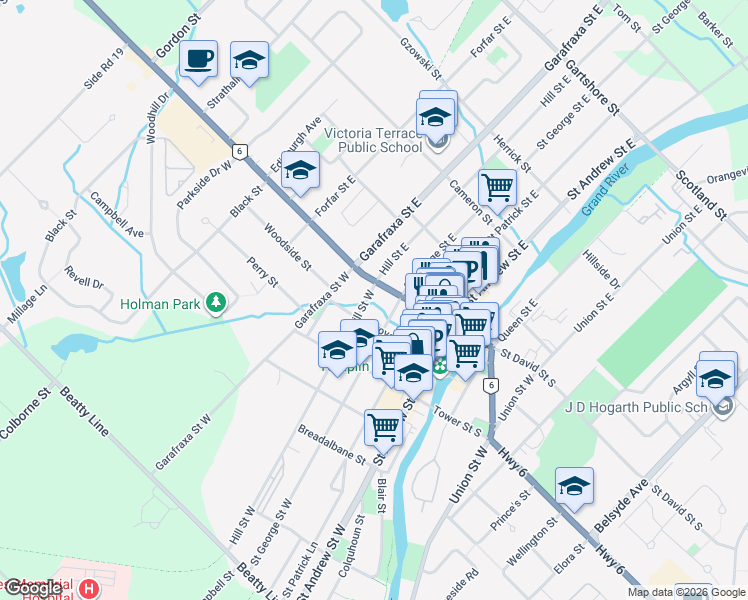 map of restaurants, bars, coffee shops, grocery stores, and more near 140 Hill Street West in Fergus