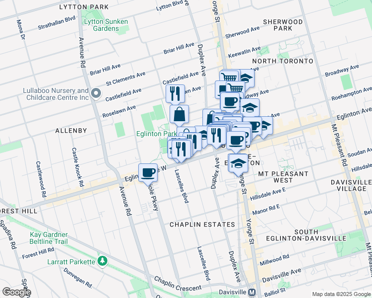 map of restaurants, bars, coffee shops, grocery stores, and more near 29 Edith Drive in Toronto