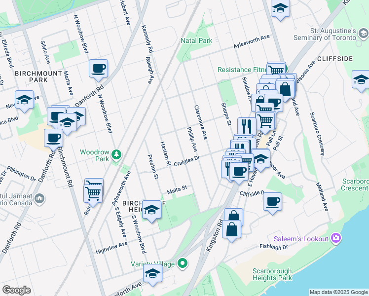 map of restaurants, bars, coffee shops, grocery stores, and more near in Toronto