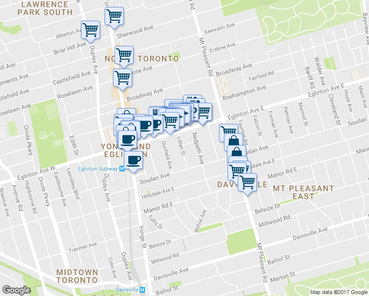 map of restaurants, bars, coffee shops, grocery stores, and more near 98 Lillian Street in Toronto