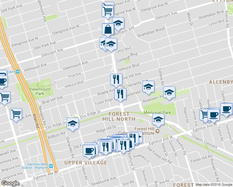 map of restaurants, bars, coffee shops, grocery stores, and more near in Toronto