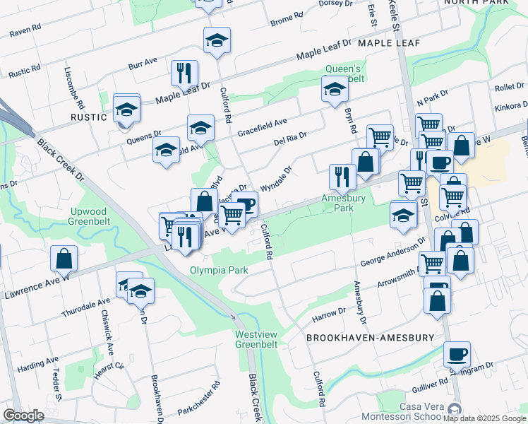map of restaurants, bars, coffee shops, grocery stores, and more near in Toronto