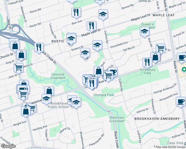 map of restaurants, bars, coffee shops, grocery stores, and more near in Toronto