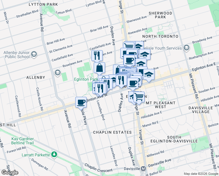 map of restaurants, bars, coffee shops, grocery stores, and more near 18 Henning Avenue in Toronto
