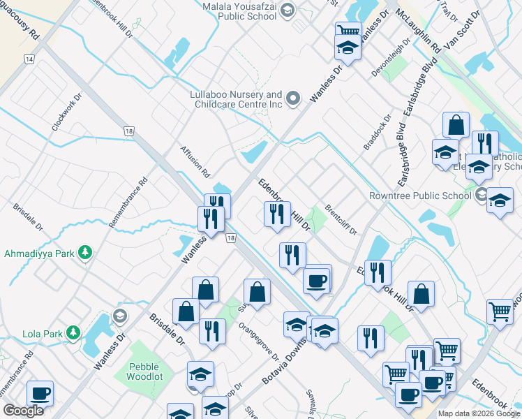 map of restaurants, bars, coffee shops, grocery stores, and more near Bushcroft Trail in Brampton