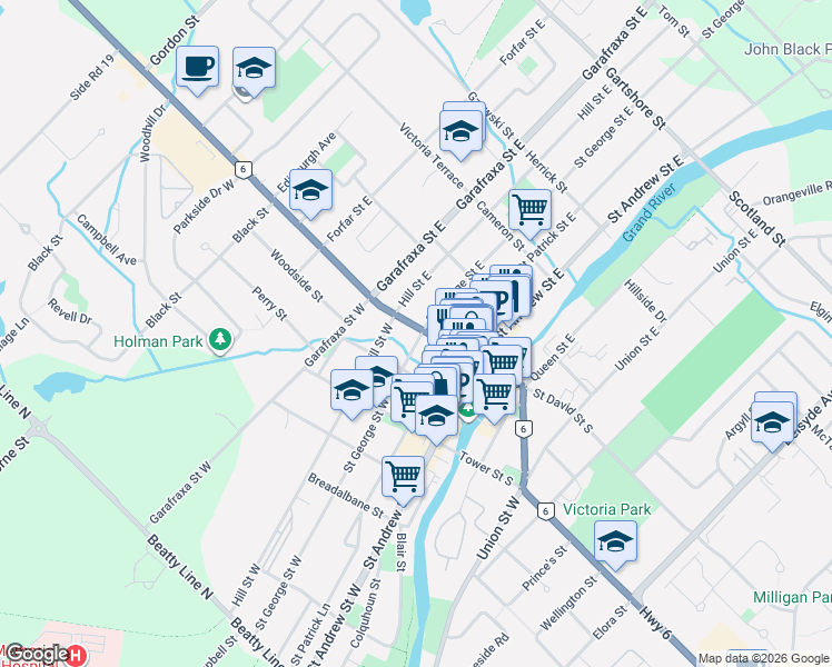 map of restaurants, bars, coffee shops, grocery stores, and more near 115 Saint George Street West in Fergus