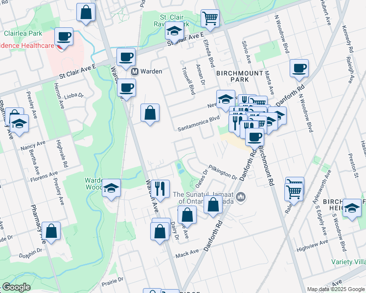 map of restaurants, bars, coffee shops, grocery stores, and more near 16 Etienne Street in Toronto