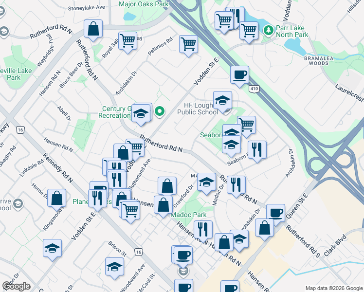 map of restaurants, bars, coffee shops, grocery stores, and more near 128 Rutherford Road North in Brampton