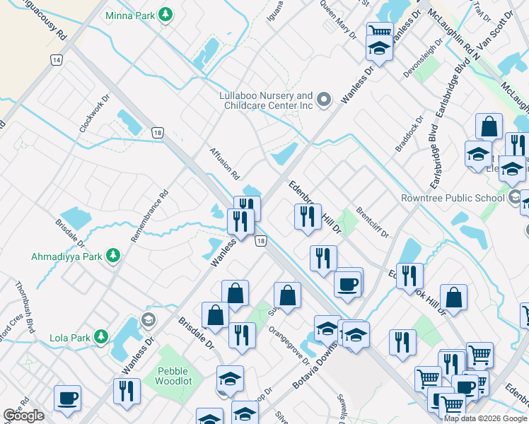 map of restaurants, bars, coffee shops, grocery stores, and more near 82 Earl Grey Crescent in Brampton