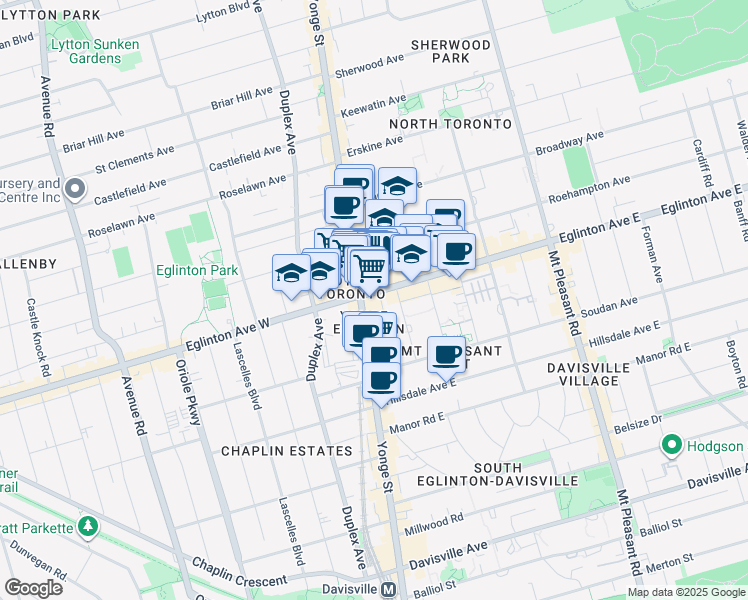 map of restaurants, bars, coffee shops, grocery stores, and more near 1 Eglinton Avenue East in Toronto