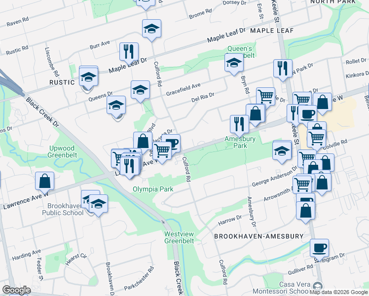 map of restaurants, bars, coffee shops, grocery stores, and more near in Toronto