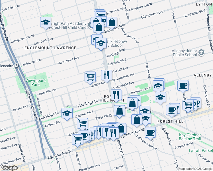 map of restaurants, bars, coffee shops, grocery stores, and more near 2550 Bathurst Street in Toronto