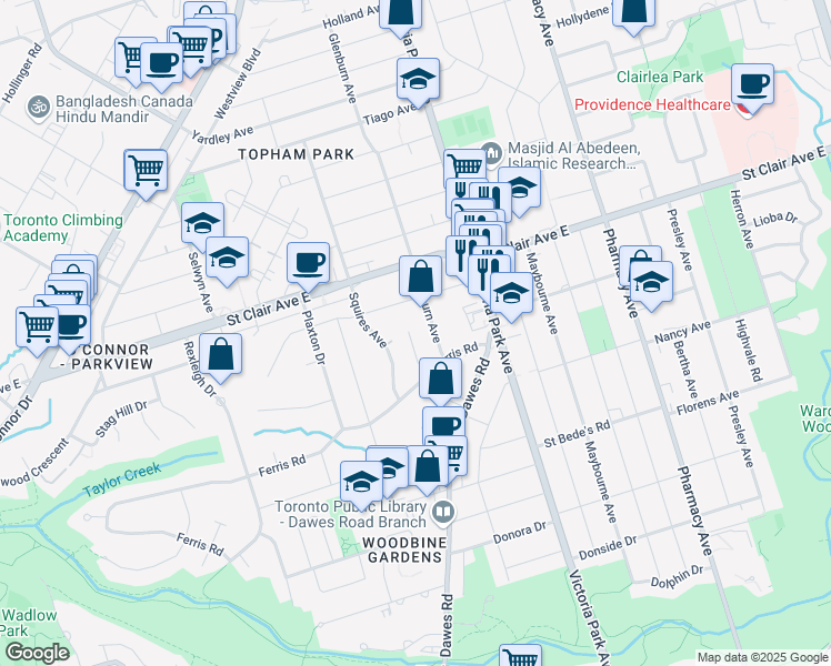 map of restaurants, bars, coffee shops, grocery stores, and more near 11 Youngmill Drive in Toronto