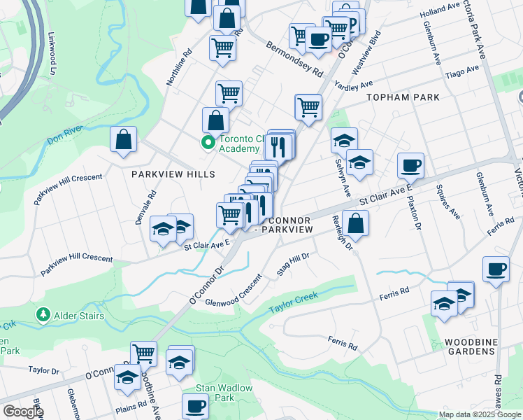 map of restaurants, bars, coffee shops, grocery stores, and more near in Toronto