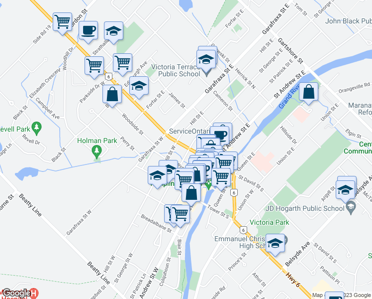 map of restaurants, bars, coffee shops, grocery stores, and more near 115 Saint George Street West in Fergus