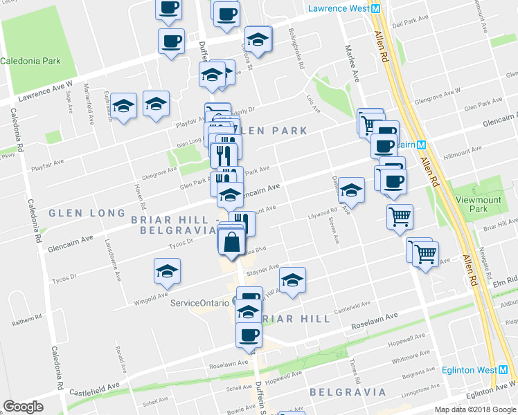 map of restaurants, bars, coffee shops, grocery stores, and more near 382 Hillmount Avenue in Toronto