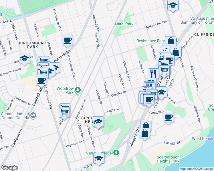 map of restaurants, bars, coffee shops, grocery stores, and more near 97 Haslam Street in Toronto