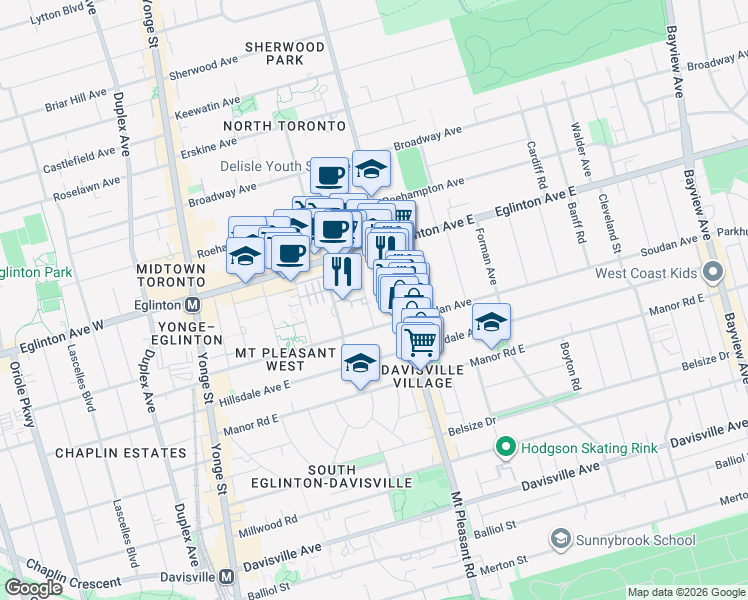 map of restaurants, bars, coffee shops, grocery stores, and more near 55 Brownlow Avenue in Toronto